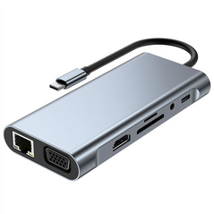 Adapter Type C na LAN Gb, SD card, TF, Type C, 3xUSB 3.0, Audio, HDMI i VGA 10 u 1 20cm kabl.