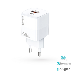 Kucni punjac Pluginn PI-D73-33w, GaN, QC3.0 PD3.0, PPS, USB-PD 20W+33W, 53W (total) sa PD iPhone lightning kablom beli.