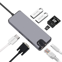 Adapter Type C na RJ45 (LAN) HDMI VGA 2xUSB 3.0 PD SD microSD 8u1 JWD-TC32.