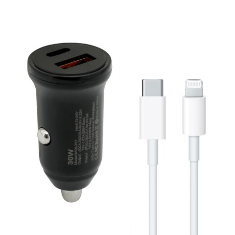 Auto punjac 30W USB-A + Type-C ulaz sa Type-C na Lightning kablom sivi (MS).