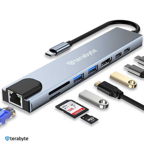 Adapter Terabyte Type C na RJ45 2xUSB 3.0 HDMI 2xPD SD TF 8 u 1 sivi.