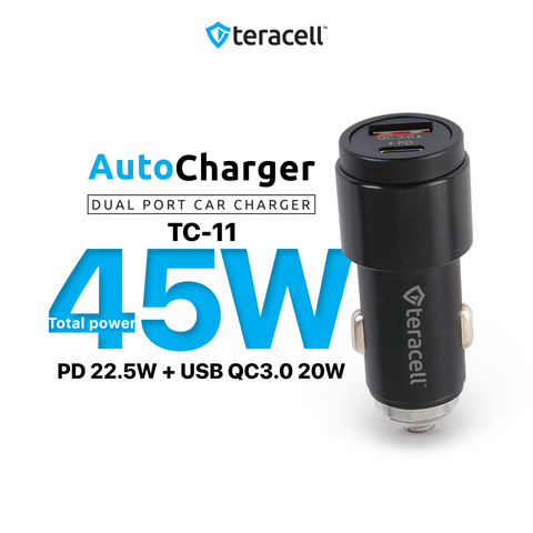 Auto punjac Teracell Evolution TC-11 PD 22.5W + USB QC3.0 20W, 45W (total) sa PD Type C kablom crni.